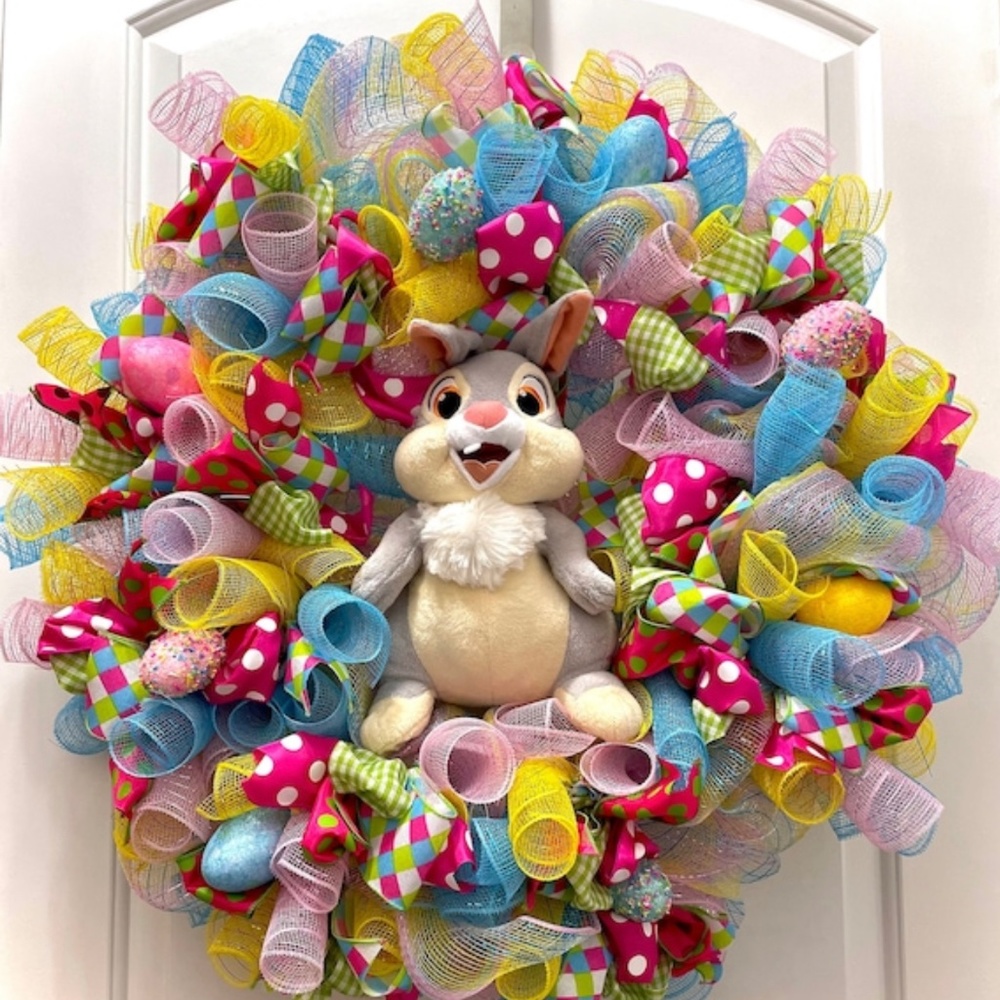 Mesh ribbons Easter wreath with Disney bunny plush